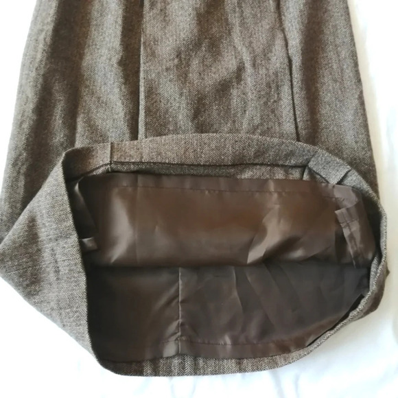 Vintage Wool Herringbone Pleated Brown Midi Skirt with Leather Accents 40 Small - Picture 5 of 14